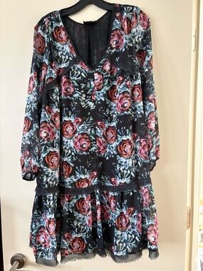 Maeve Black Long-Sleeve Tiered Dress with Pink Rose Print